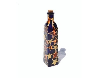 Hand Painted glass Bottle Hand Painted bottle navy blue yellow stars constellations gold stars home decor - Decorative Glass Art