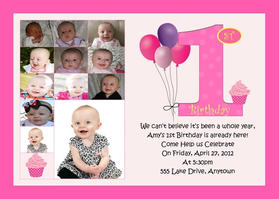 First Birthday Collage Invitation Balloons and Cupcakes