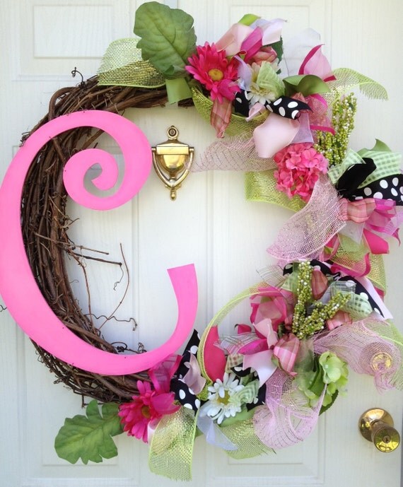Items similar to Spring Wreath with ribbons and Letter Initial Monogram ...