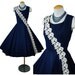 Vintage 1950s Navy Blue Rhinestone Embroidered Sash Cocktail Party FULL SKIRT Evening Dress Small - Medium