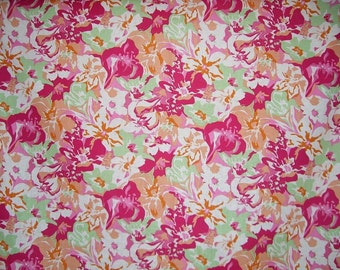 SPECIAL--Pink and Green Floral Print Stretch Linen Fabric--One Yard