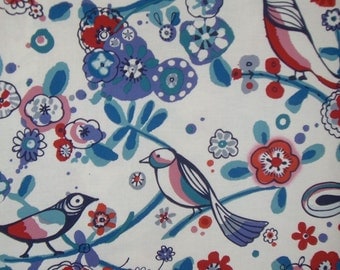SPECIAL--Blue and Red Larkspur Bird Print Fabric by Alexander Henry--One Yard