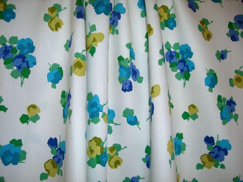 Blue and Green Floral Print Cotton Pique FabricOne Yard