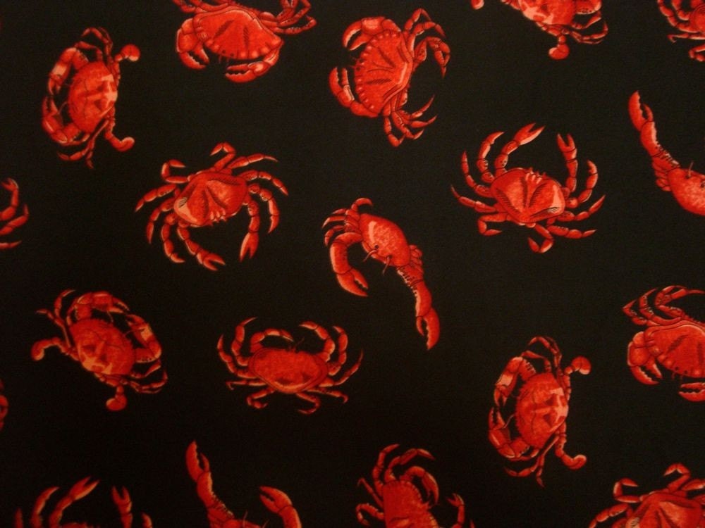 Red Crab Print on Black Cotton FabricOne Yard