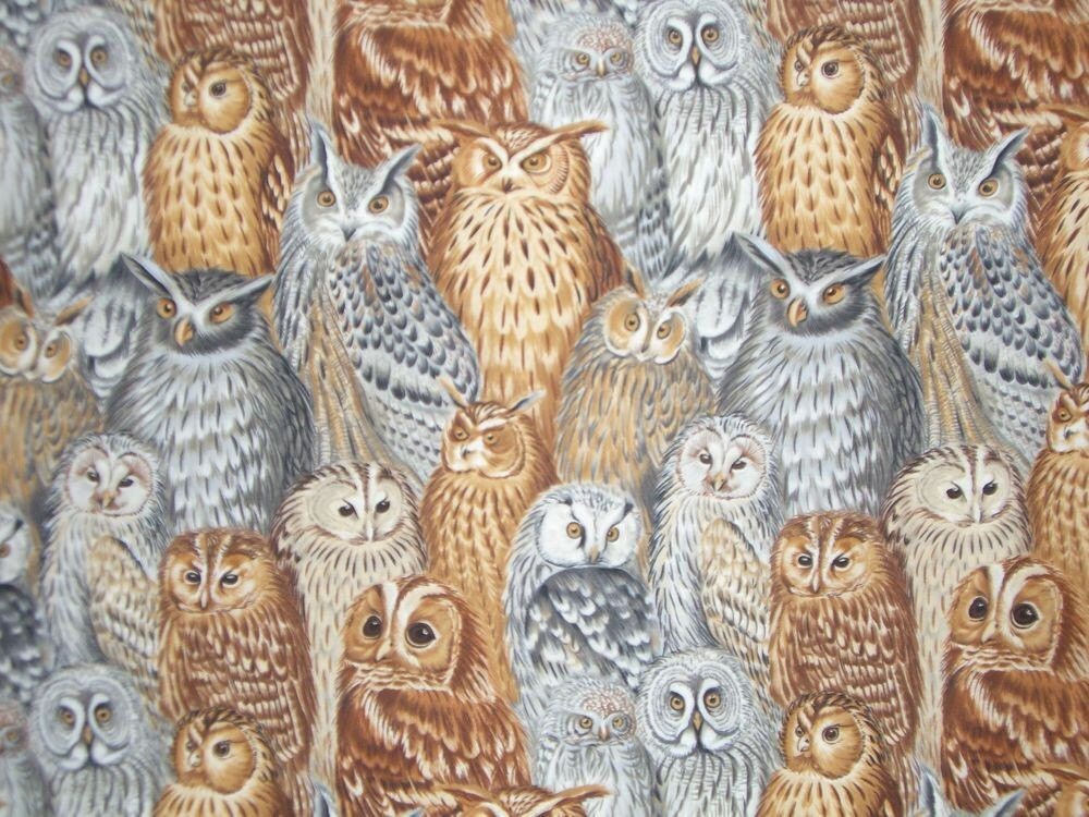 REMNANTNatural Neutral Owl Print Cotton Fabric3/4 Yard