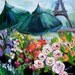 Paris Flower shop with Green Umbrellas Landscape oil painting 24 x 24 Original Painting by Elaine Cory