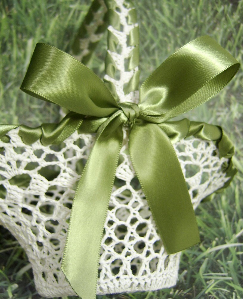 Flower Girl Basket White Crochet with Green Ribbon READY TO