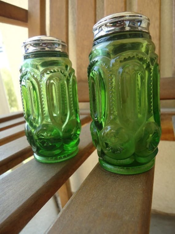 Vintage Green Glass Salt and Pepper Shakers by WhereTheHatIs