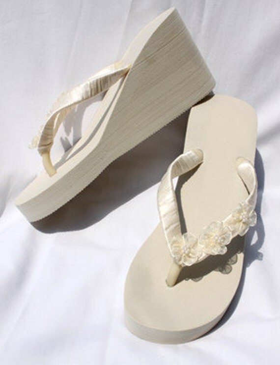 Ivory Flip Flops with Flowers or White Flip Flops by ABiddaBling