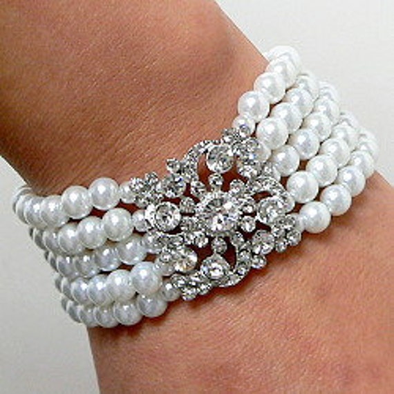Bridal Multi Strand Pearl Bracelet with Crystal Rhinestone Brooch