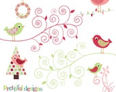 25% OFF SALE Christmas Bird Clip Art - Personal or Commercial Use - Funky Christmas Il_170x135