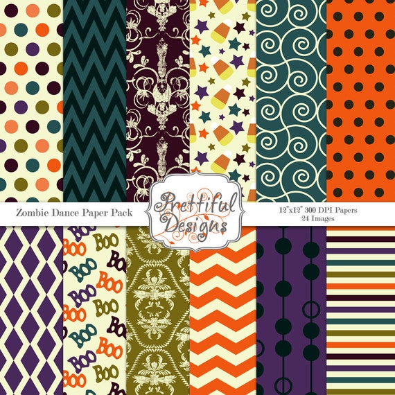 40% Off SALE Halloween Digital Paper Pack  for Scrapbooking, Invitations, Card Making, Commercial Use  - Zombie Dance (365)