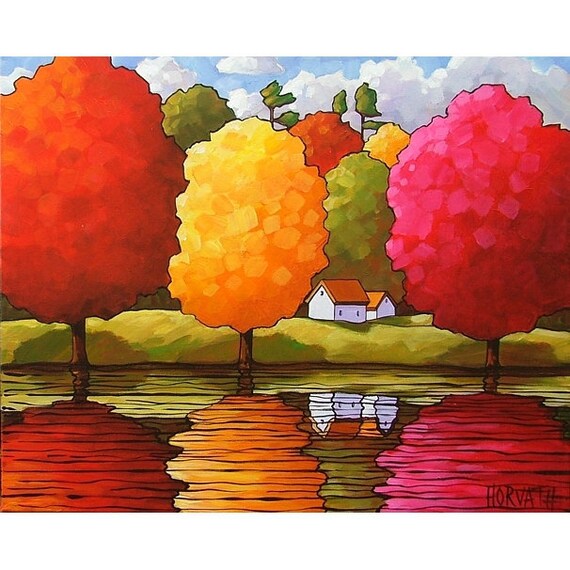 ORIGINAL PAINTING Folk Art Cottages Trees Modern Fine Art