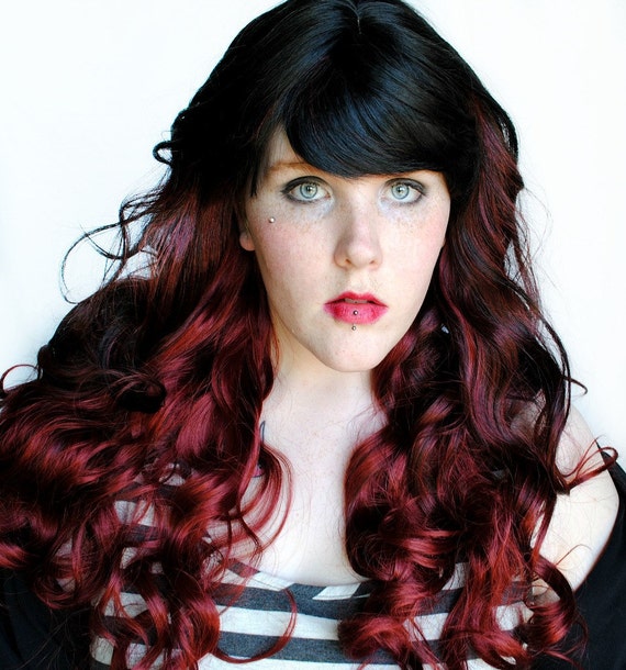 Ruby Flame wig // Ombre Black Brown Red // Auburn Curly Long