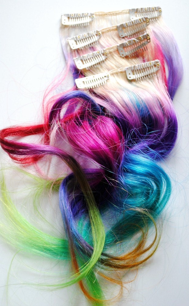 Tie Dye Rainbow Set of 4 Human Hair Extensions Colored