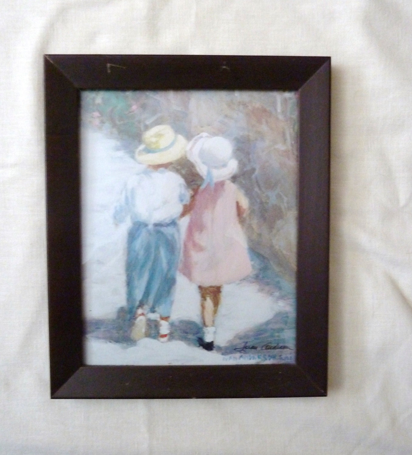 Ivan Anderson signed print pastel of two children whispering