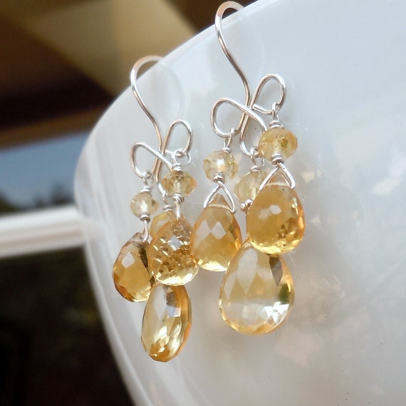 Citrine Earrings Sterling Silver Dainty Chandelier of Honey
