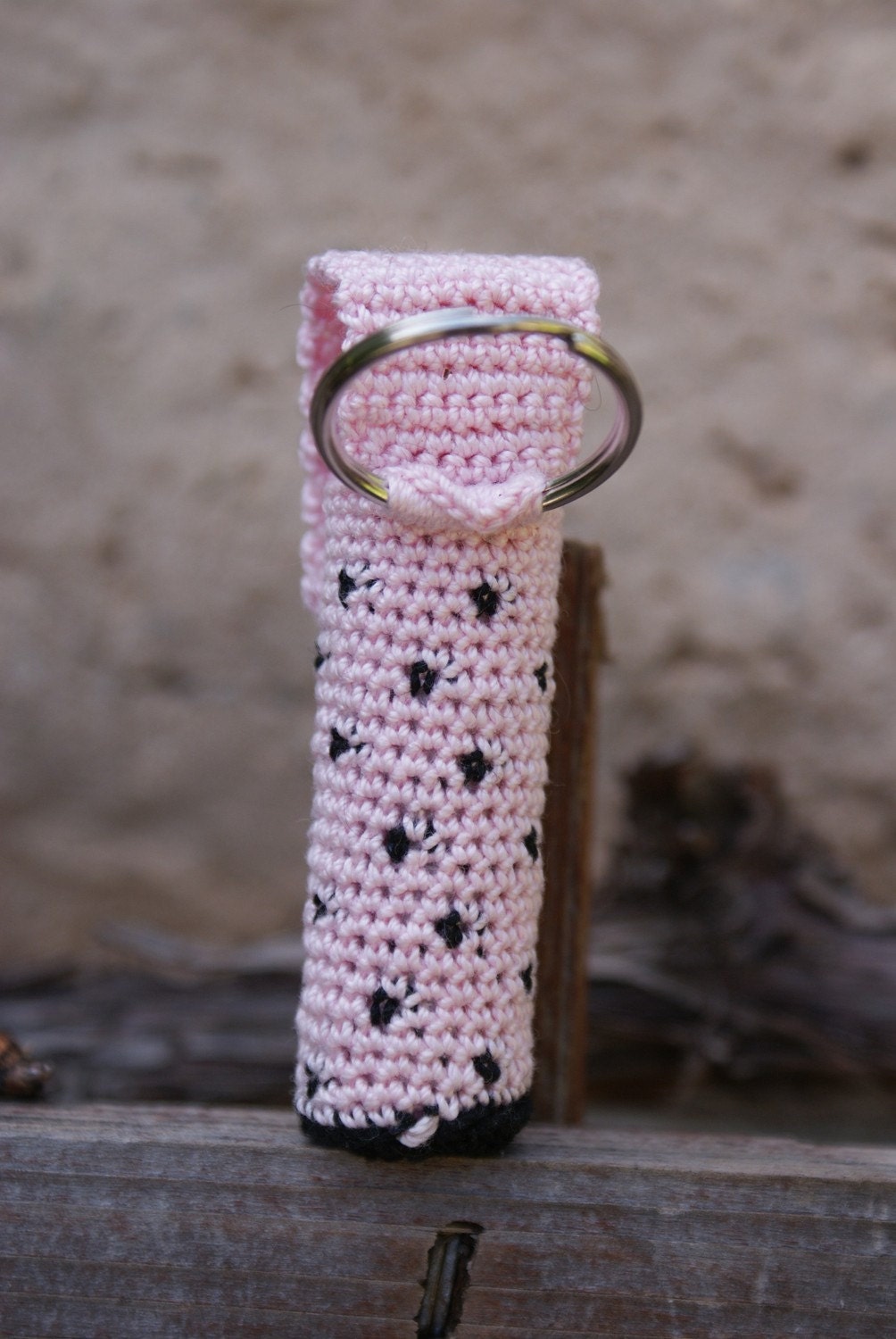 Lip Balm Holder Chapstick Holder Crochet Pink with Black Polka