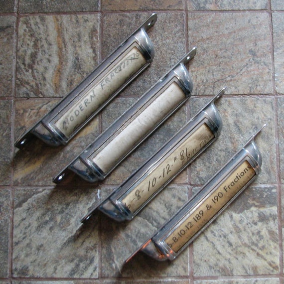 Vintage Drawer Pulls with Labels and Protectors Set of 4