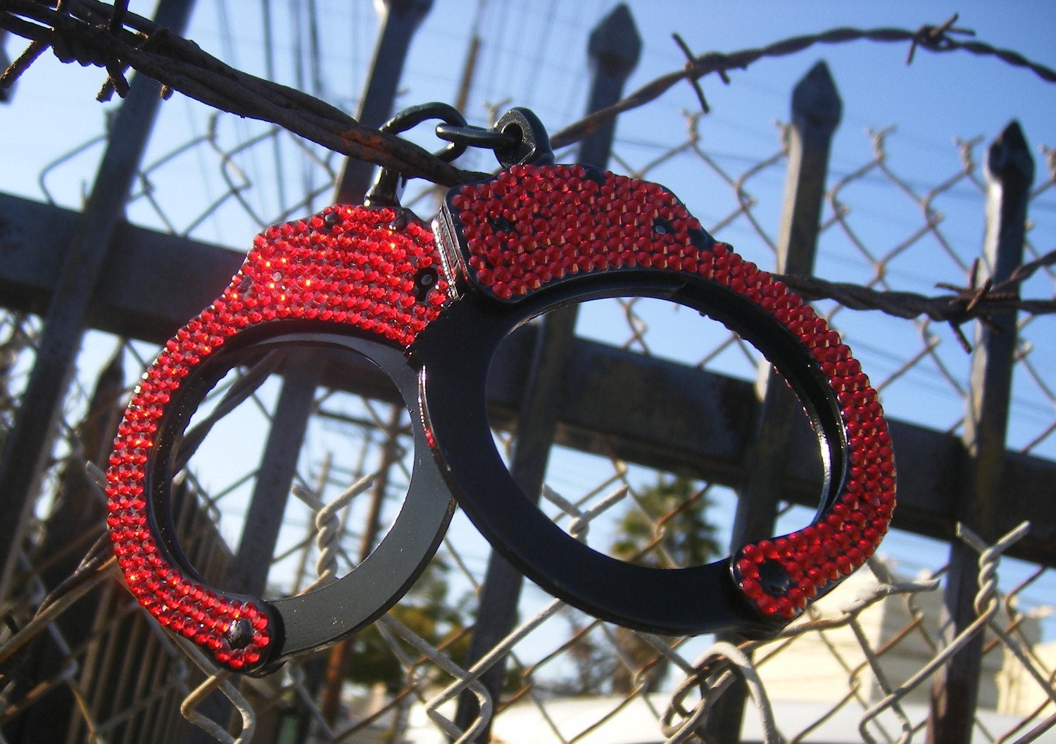 Red on Black Real handcuffs rhinestoned
