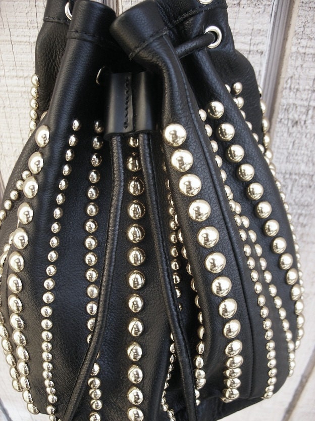 Bell bag draw string purse in black leather and silver studs