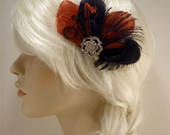 Fascinator, Wedding headpiece,Bridal Hair Clip, Bridal Fascinator, Feather Fascinator, Bridesmaid, Black and Red , Custom Colors Available