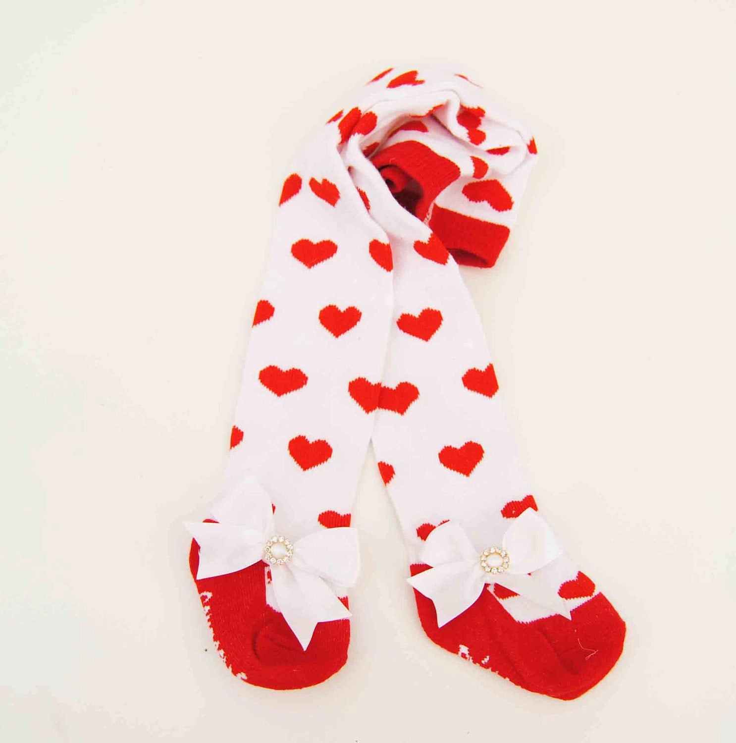 White Tights With Red Hearts and White Bows by cacababy on Etsy
