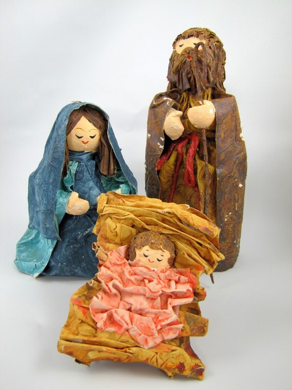 Vintage Paper Mache Nativity set Mary Joseph Baby Jesus in