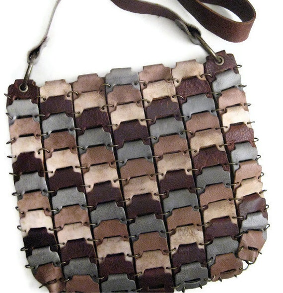 Leather Link Chevron Design Bag Messenger Gray Brown by karenkell
