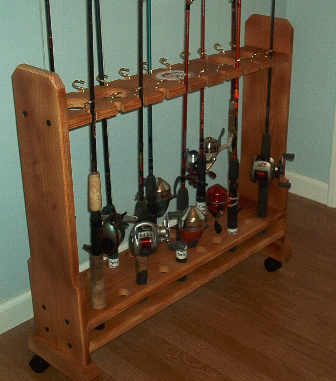 New engraved Ozark wood fishing rod rack/holder/storage holds