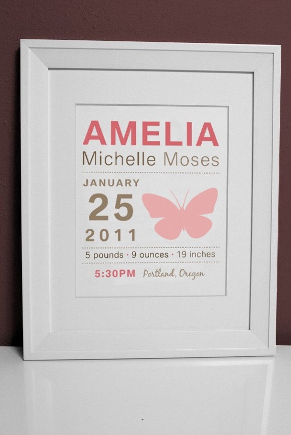 8 x 10 - Personalized Birth Announcement Print - Butterfly Wall art Il_570xn