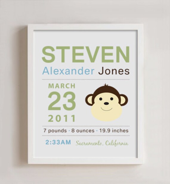 8 x 10 - Custom Birth Announcement Print - Monkey wall art Il_570xn