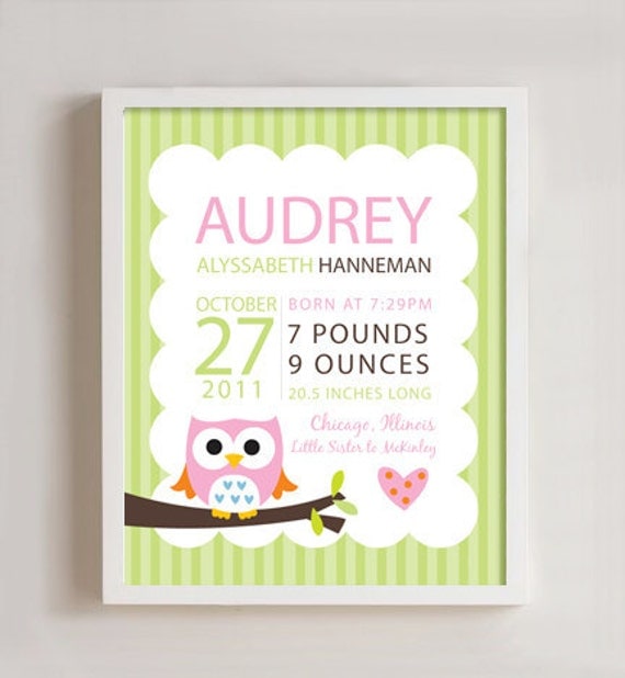 Personalized Birth print Owl wall art - 8x10 print Il_570xn