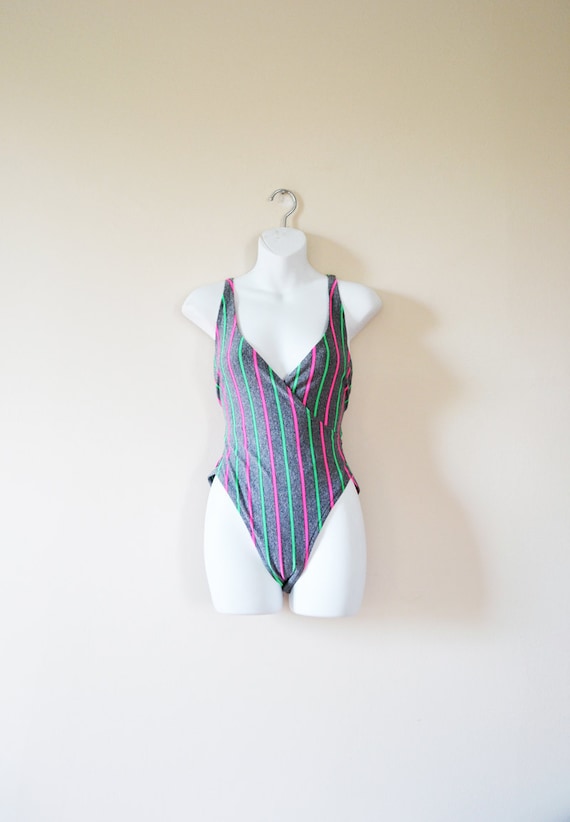 80s neon striped body con suit / leotard by oldgoldvintage on Etsy