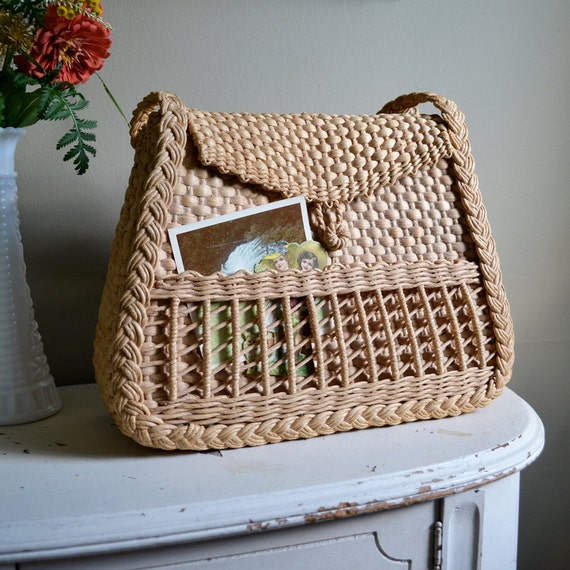 60s natural straw basket purse / tote