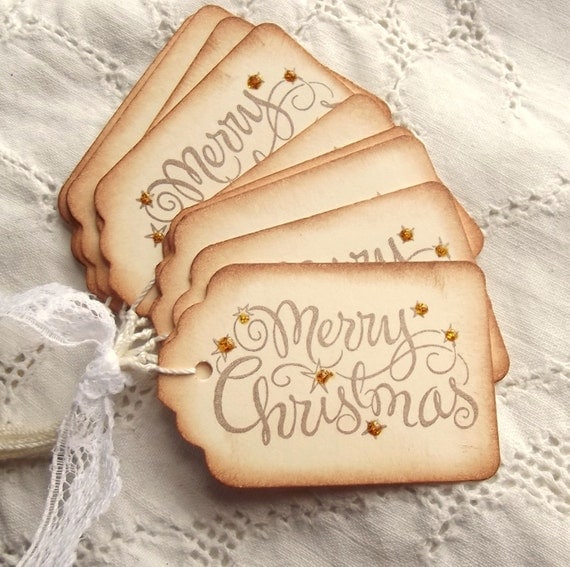 Merry Christmas Tags - Gold Sparkle, Stamped, Cream, Brown 8