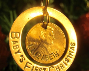 Hand Stamped Penny Ornament - Baby's First Christmas -Made to Order-