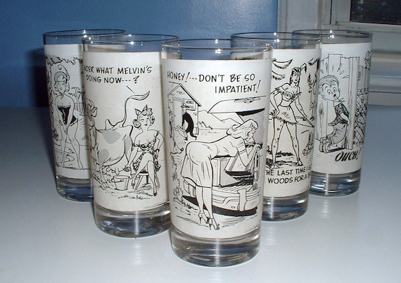 Vintage Risque Barware Glasses Innuendo Mature Cartoons