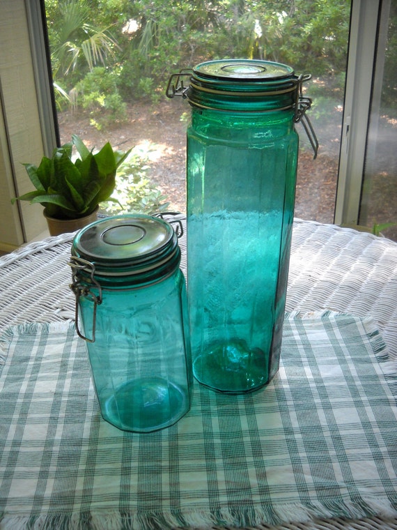 vintage green glass fluted storage jars