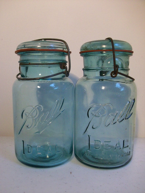 Download 2 Old Aqua Blue Ball Jars Glass Lids Quart Wire Closure