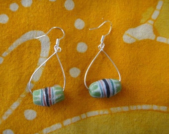 African Pattern Green Glass Bead Teardrop Earrings