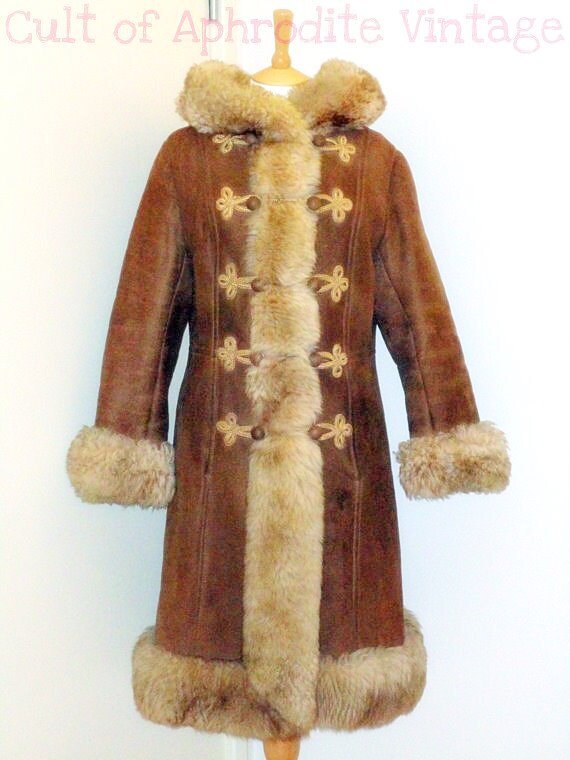 Vintage 70s Afghan Suede Sheepskin SHEARLING Hooded Hippie