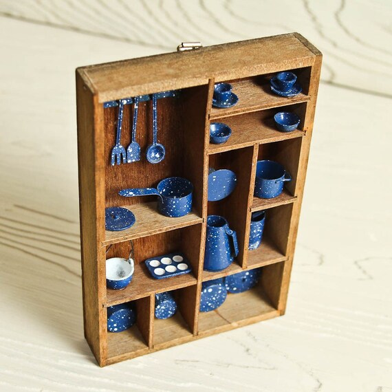 Vintage dollhouse mini shadow box with set of blue and white