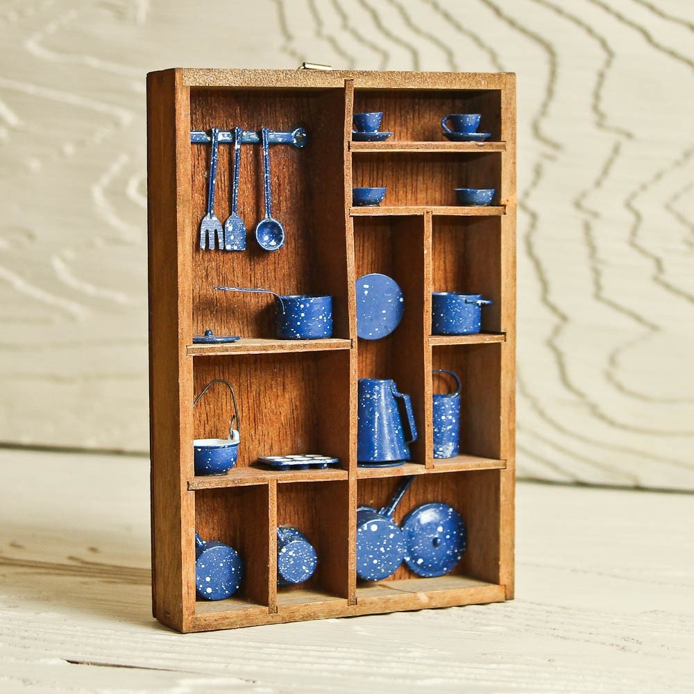 Vintage dollhouse mini shadow box with set of blue and white