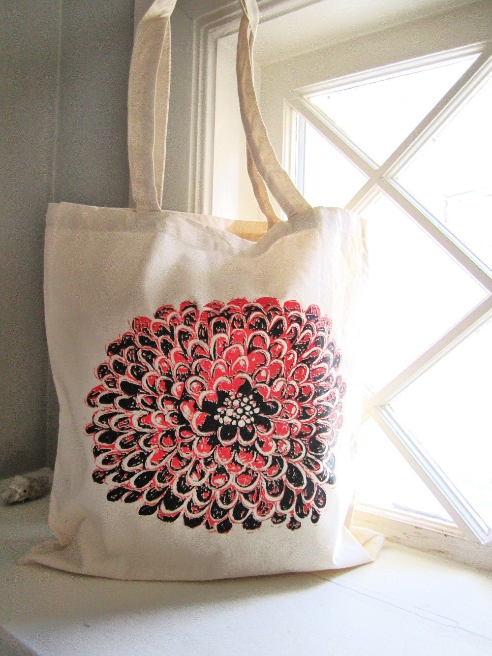 Flower Tote Bag Screenprint Tote Floral Tote Red and