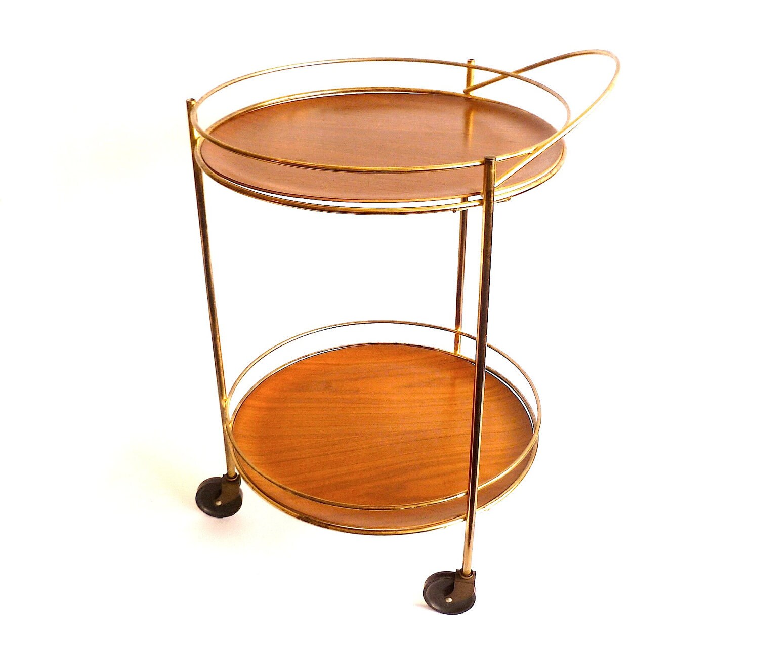 Vintage Round Brass Bar Cart Swedish Wood Tray Wheels