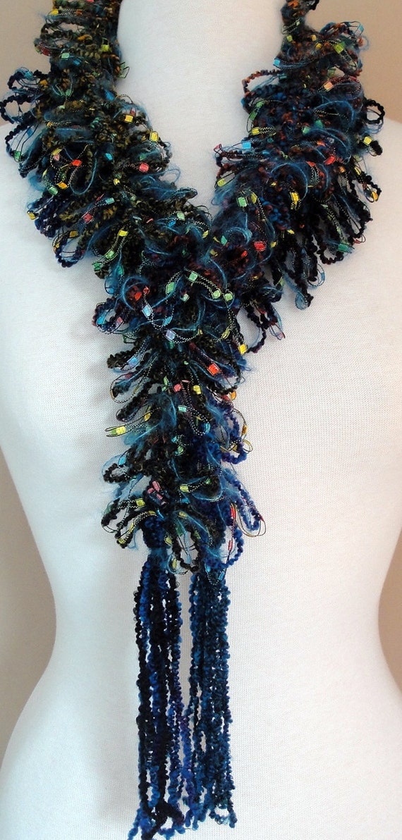 Hairpin Lace Scarf in Teal Dark Green Black