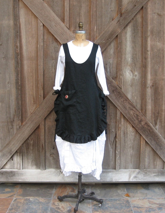 Items similar to linen jumper pinafore apron dress tunic smock in black