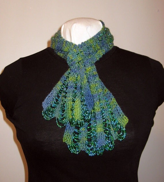 Hand Knit Beaded Scarf Victorian Style Beaded Yellow Green