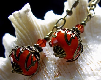 Burnt Orange Renaissance Earrings, Pumpkin Red Dangle Victorian Bridal Drops, Steampunk Antiqued Brass Filigree Titanic Temptations 11024